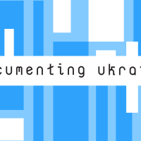 An abstract design with the title "Documenting Ukraine" written on it. 
