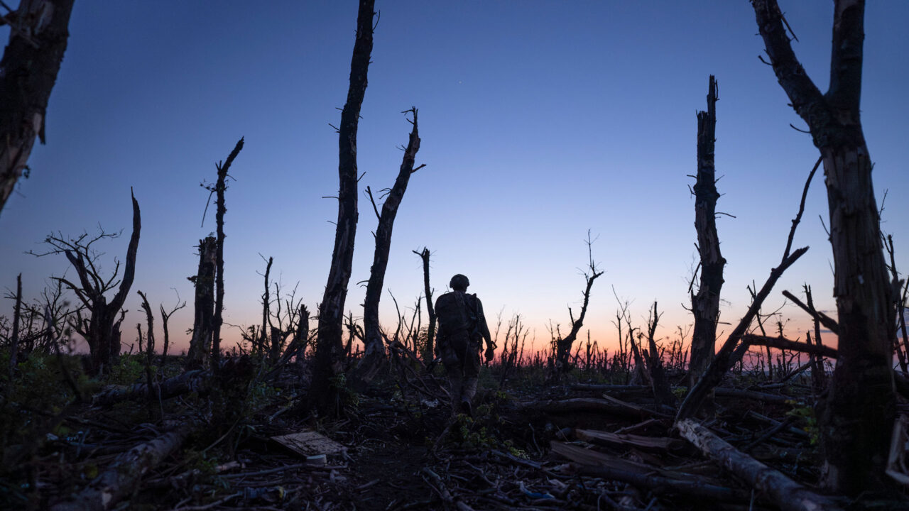 A soldier walks against the background of a burnt-out forest