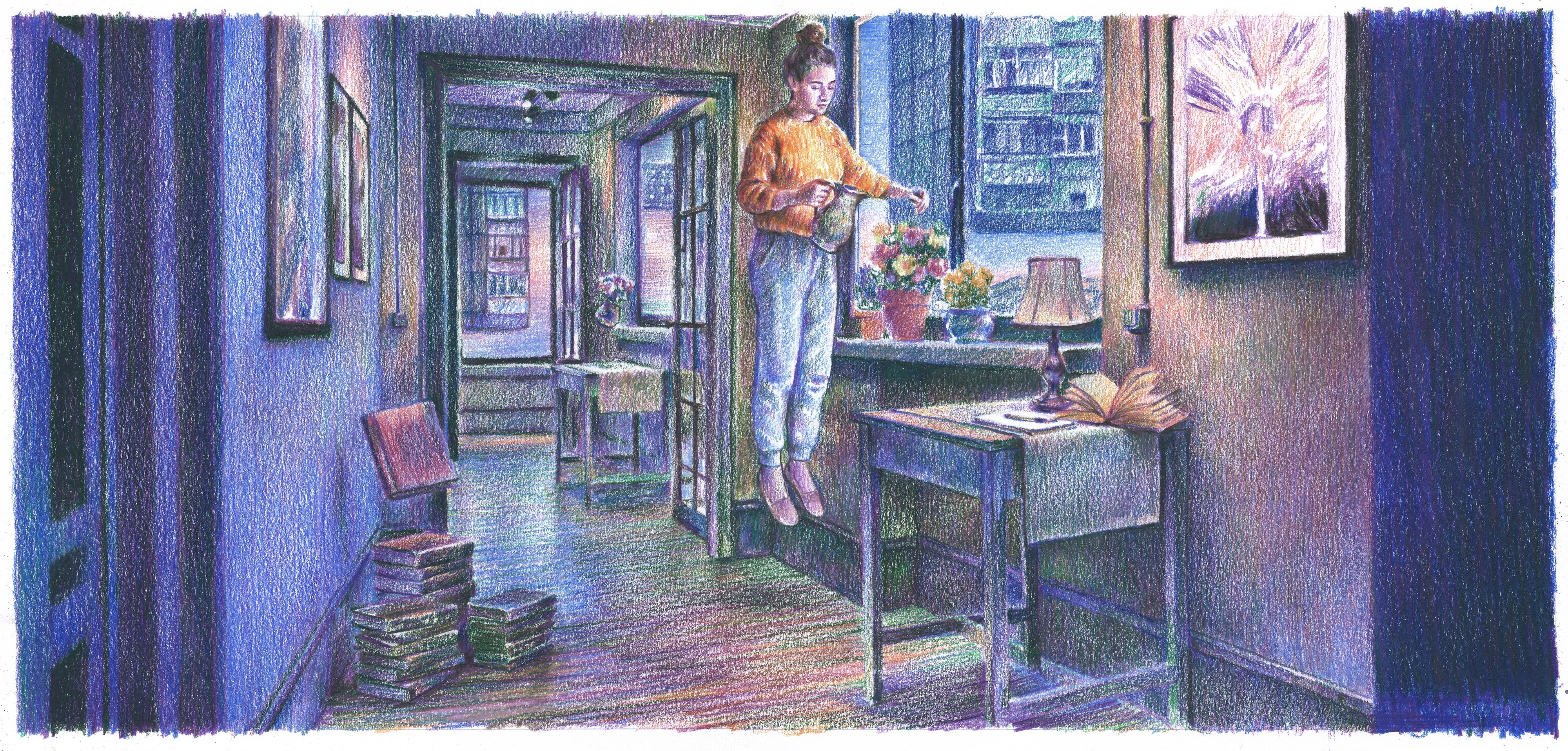 pencil drawing: apartment, girl hanging in the air and watering flowers, some objects around her are also hanging in the air