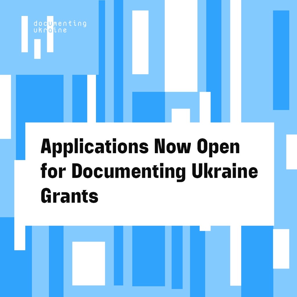 "Applications Now Open for Documenting Ukraine Grants" text on an abstracts blue and white background