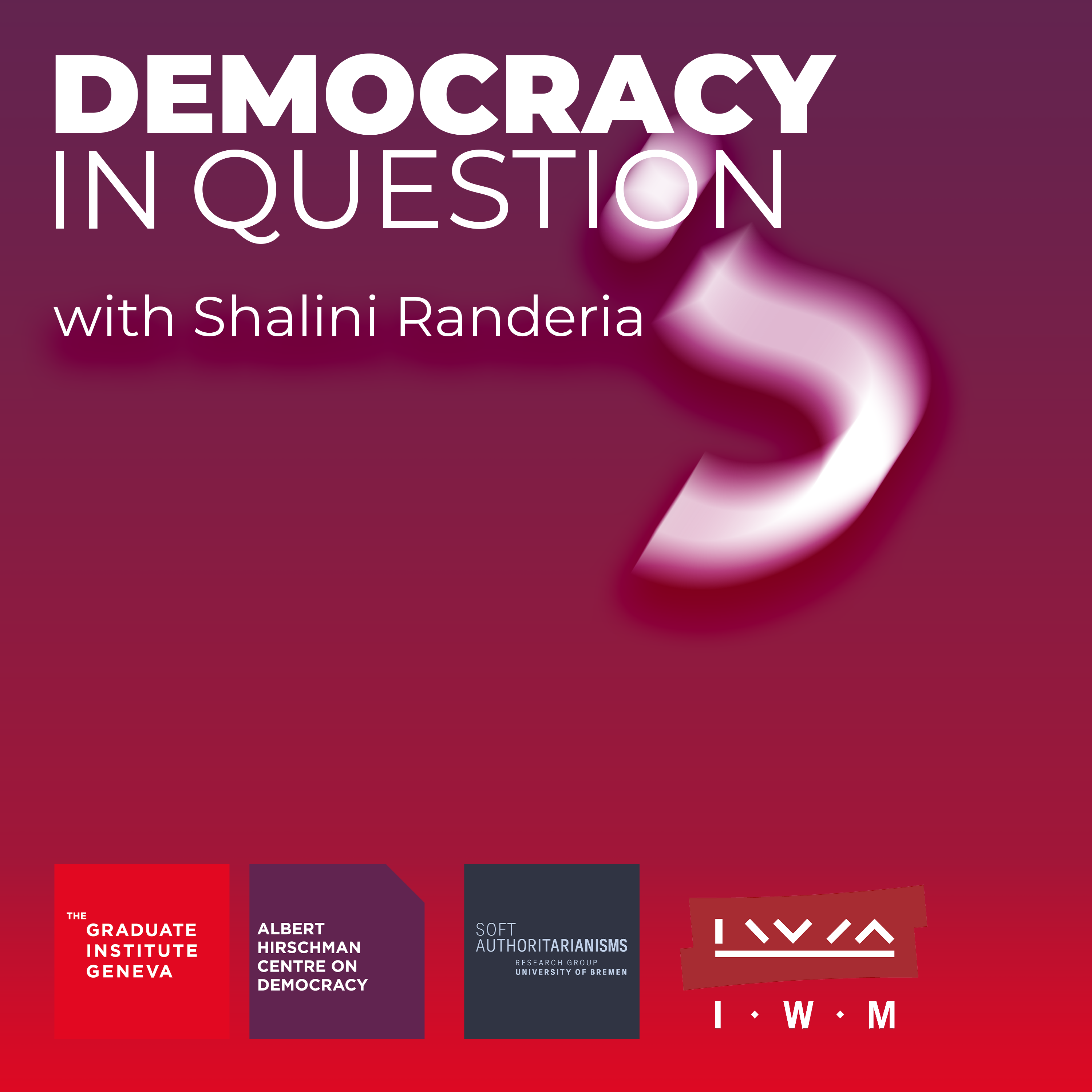 Democracy in Question? podcast logo - a purple square with the title and a large white question mark