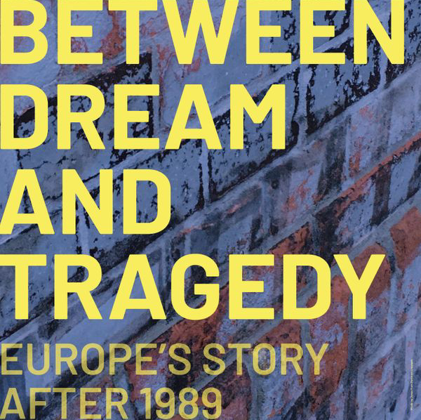 Podcast logo - Between Dream and Tragedy written in yellow on top of the Berlin Wall