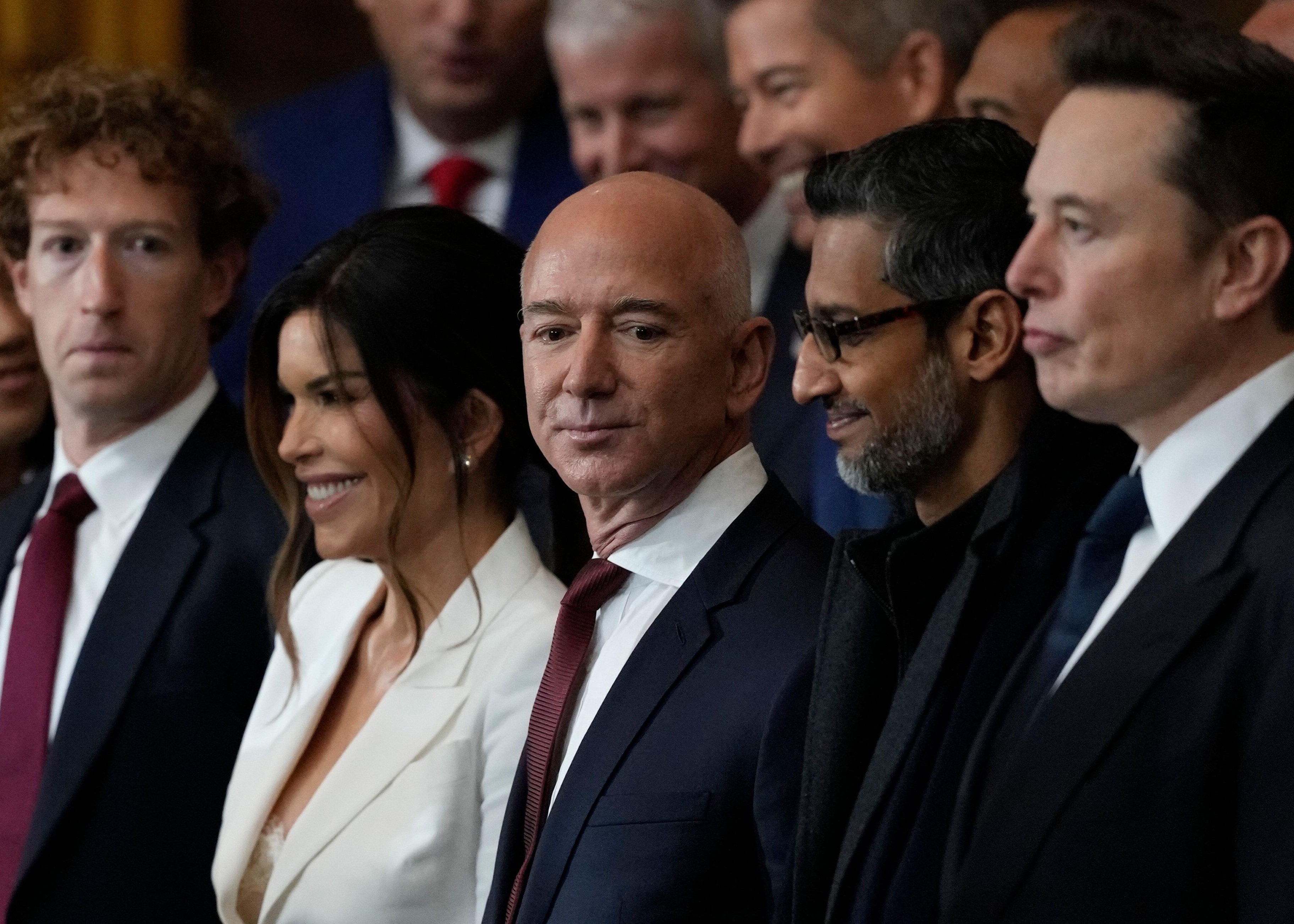 Mark Zuckerberg, Lauren Sánchez, Jeff Bezos, Sundar Pichai, and Elon Musk