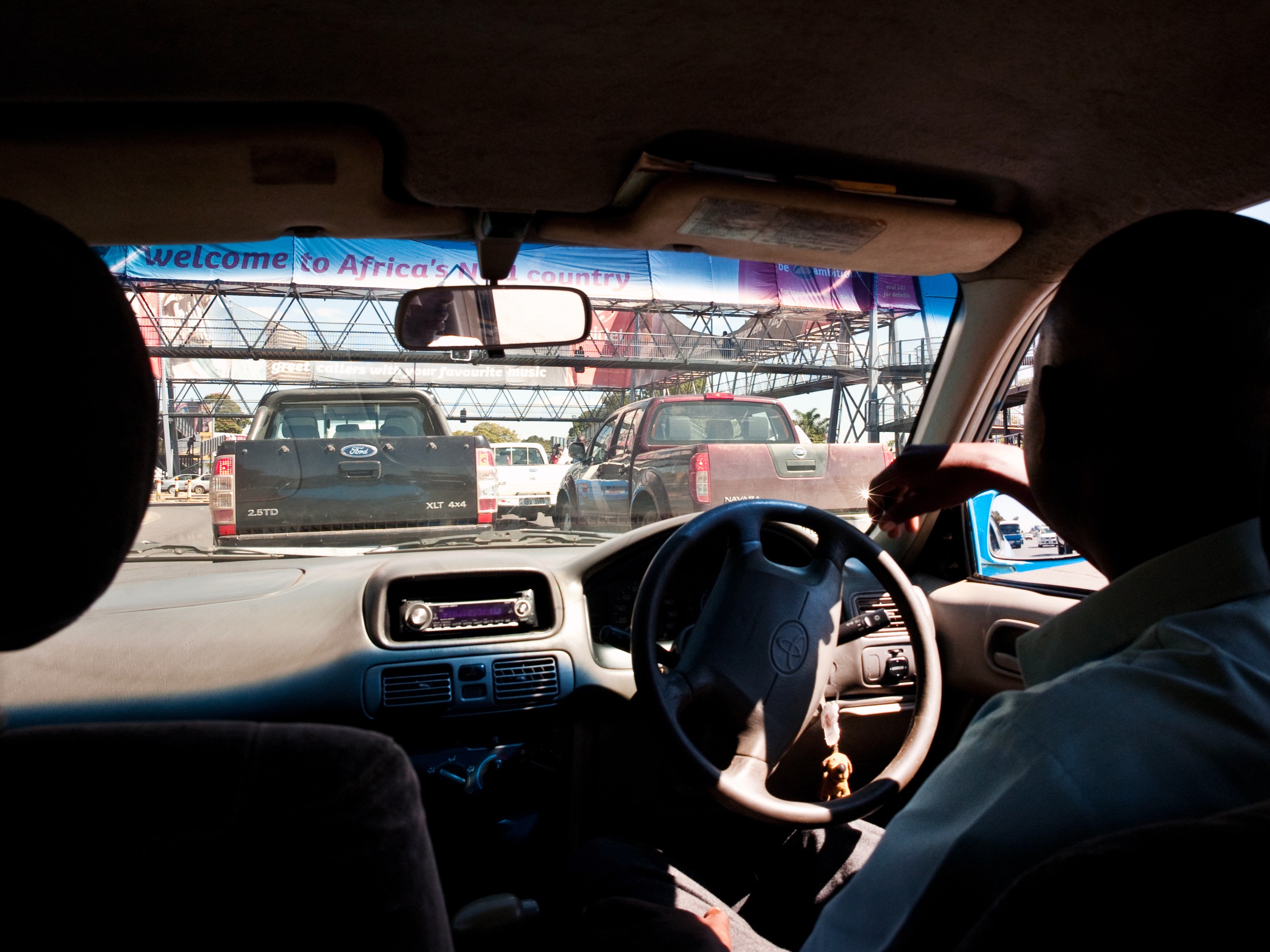 Inside the taxi cab in Lusaka, Zambia