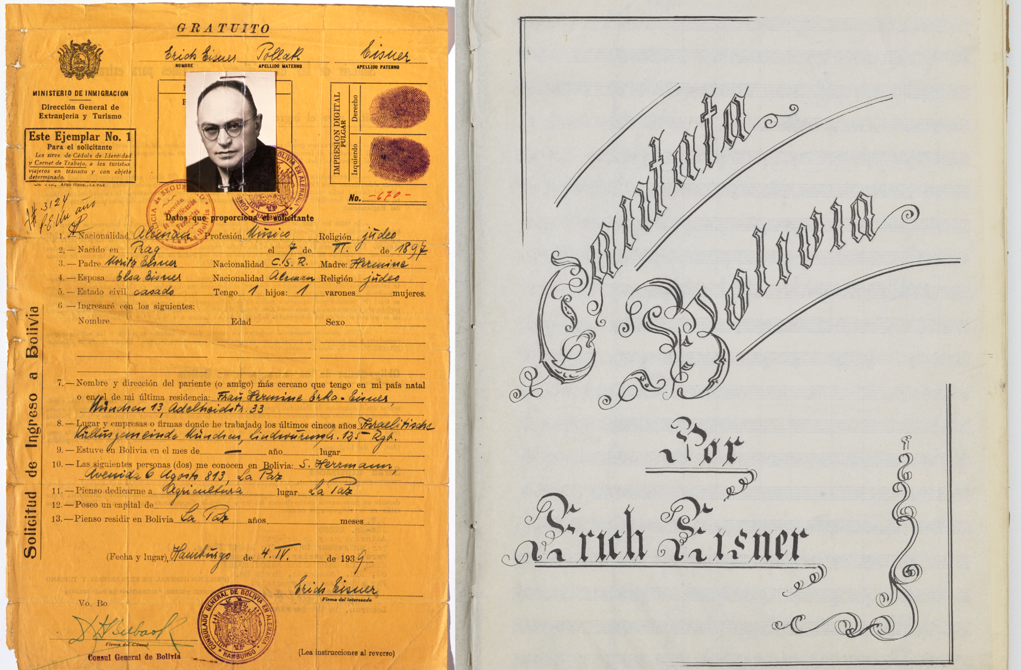 Entry permit from the Bolivian Consulate General in Hamburg for Erich Eisner, Hamburg, 4 April 1939 & Conductor's score of the “Cantata "Bolivia" by Erich Eisner, La Paz ca. 1950–1955