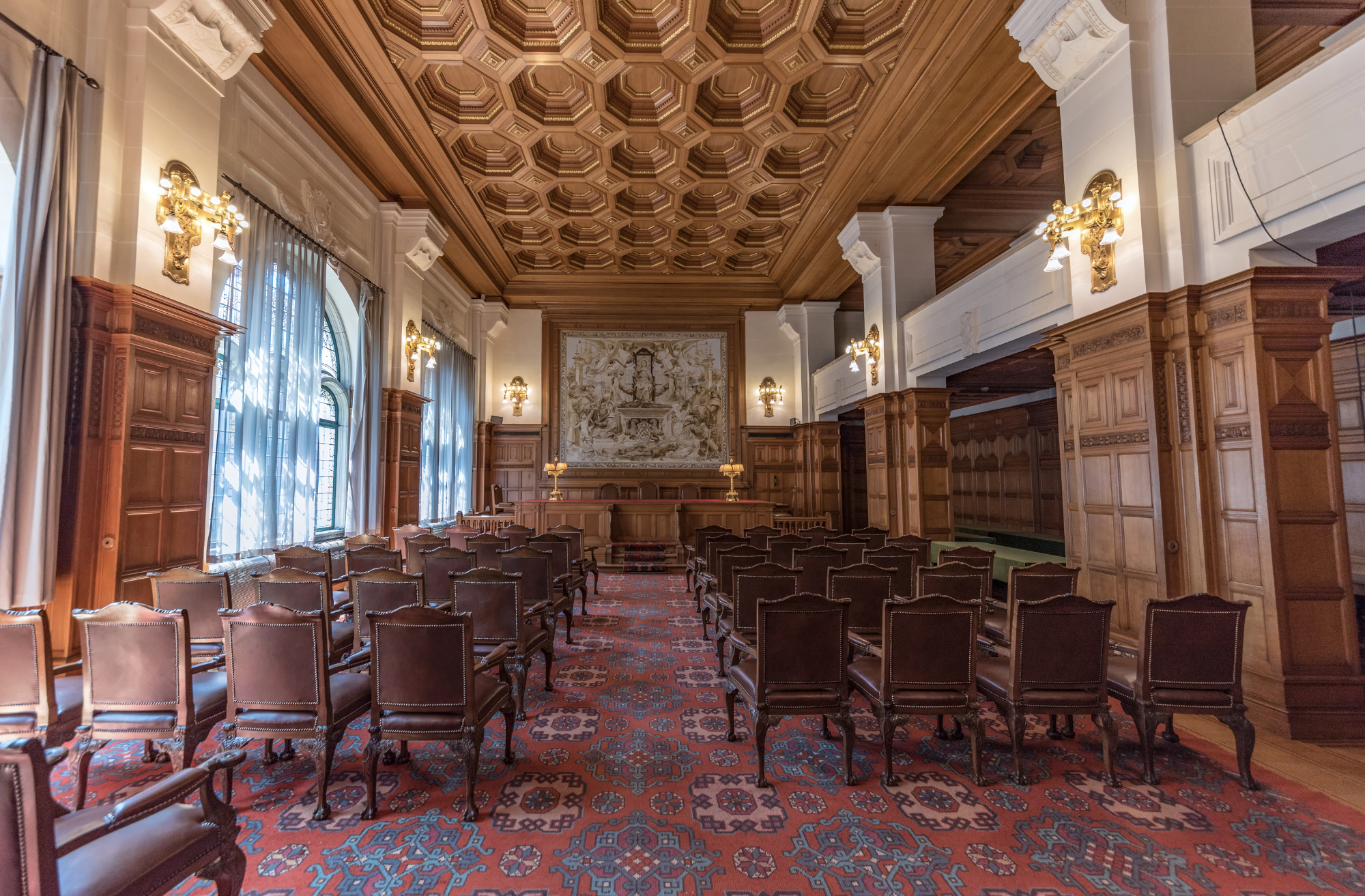 Courtroom of the Permanent Arbitration Court in the Peace Palace located in Den Haag, Netherlands.