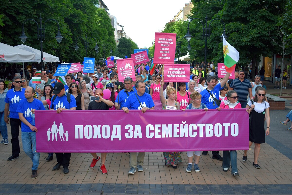 At a “March for the Family,” in Sofia, Bulgaria, people protest against “gender ideology,” same-sex marriage, legal provisions of child and women protection that give the state the right to intervene in family matters, and everything they consider an attack on traditional Bulgarian family values 