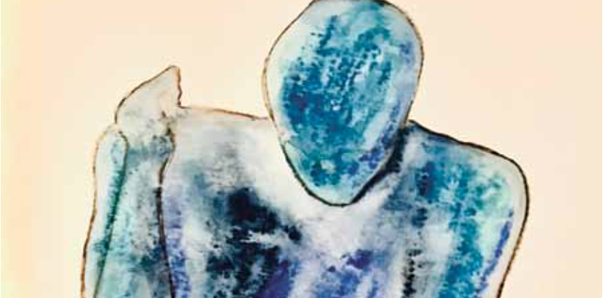 A snippet of a painting - modern abstract of a man shaded in blue, kneeling and on a cream background