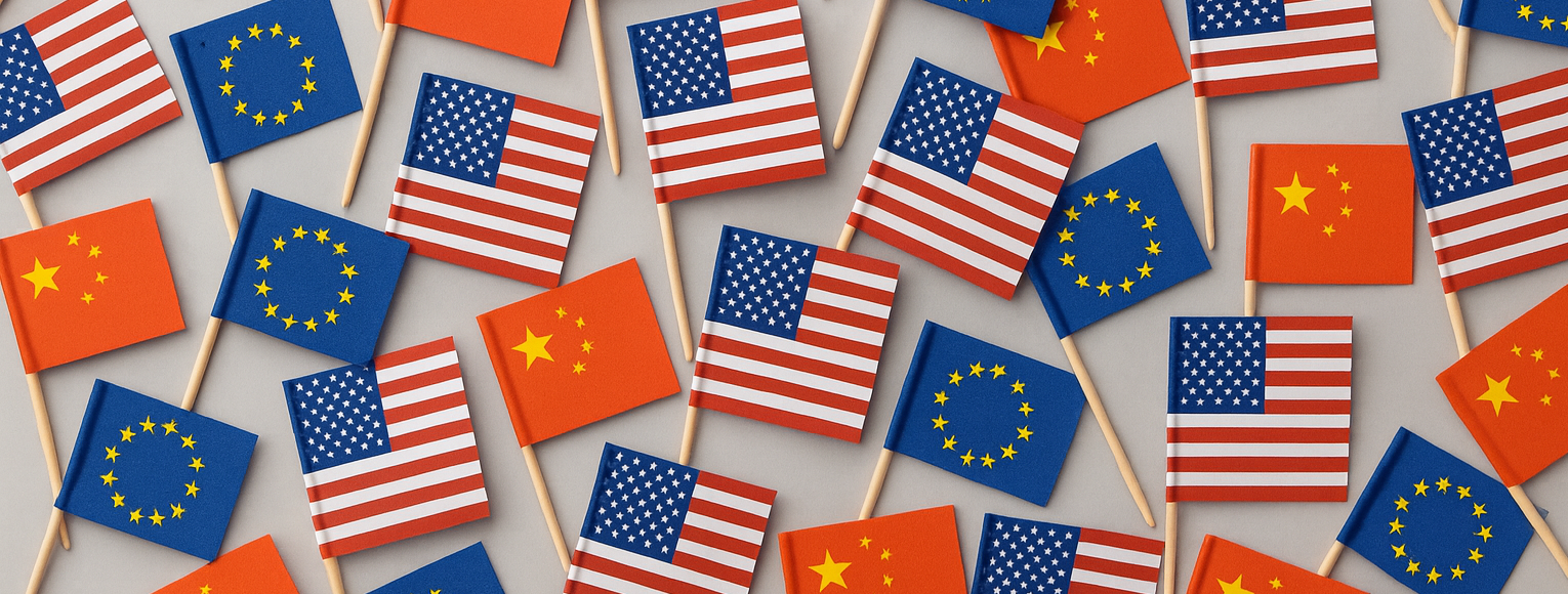 An array of Chinese, American and EU flags