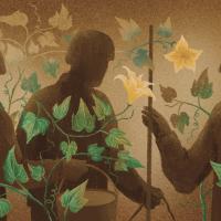 Illustration portraiting three silhouettes in military uniform facing each other in thickets