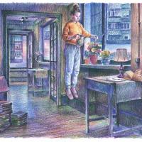 pencil drawing: apartment, girl hanging in the air and watering flowers, some objects around her are also hanging in the air