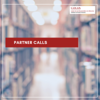 a blurred library in the background with Partner Calls written in a red banner over the top and the IWM logo in the top right hand corner