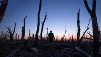 A soldier walks against the background of a burnt-out forest