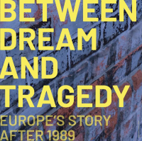 Podcast logo - Between Dream and Tragedy written in yellow on top of the Berlin Wall