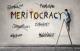 in the style of Banksy, a graffiti man stands on a ladder and graffitis on a wall the word "meritocracy"